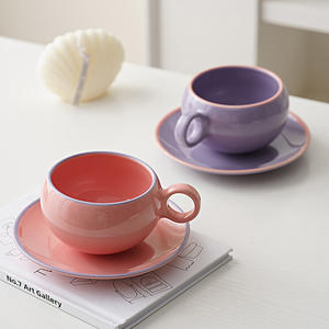 Tasses à café et assiettes en céramique créatives à blocs de couleur, ensembles de tasses de petit-déjeuner simples - Product Image 5