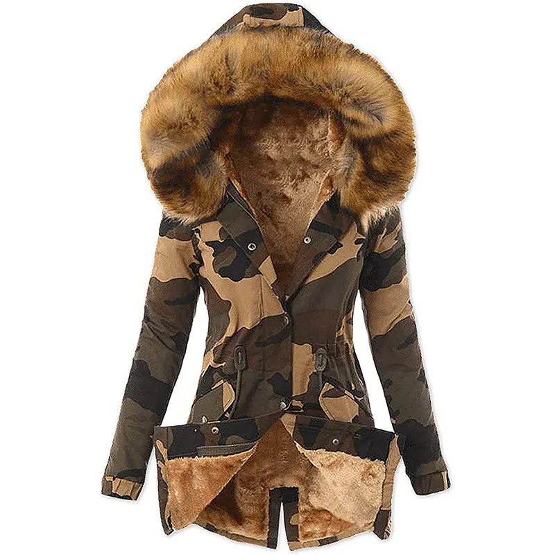 2022 Fashion Plus Size Long Length Thicken Jacket with Faux Fur Hood Casual Warm Zip Up Coats