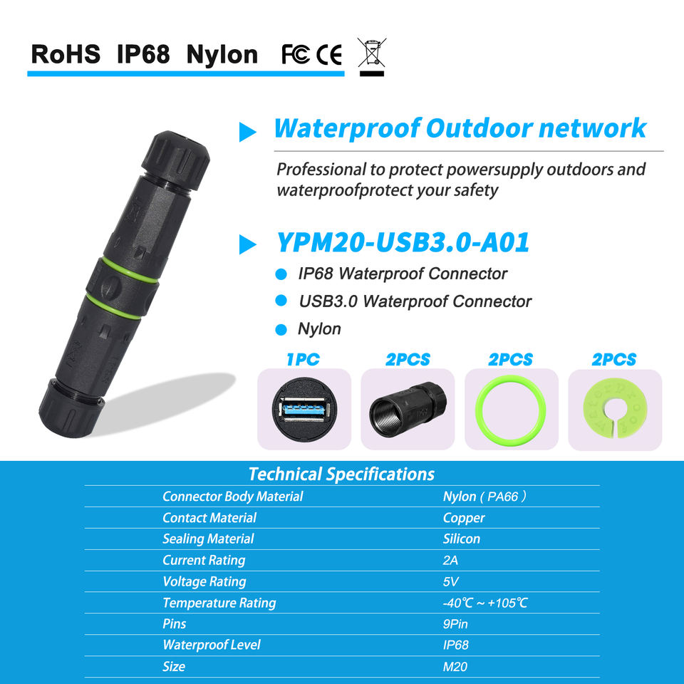YPM20-USB3-A IP68 Waterproof USB 3.0 Female to Female Pass Through Extension Coupler