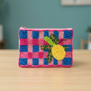 Bolso de mano colorido a cuadros con cuentas, apliques de frutas y cierre de cremallera, con detalles decorativos para mujer - Product Image 1