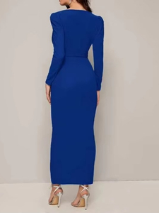 Vestidos Casuales Azules de Otoño para <span class=keywords><strong>Mujer</strong></span>, de Alta Calidad, en Poliéster, Corte Entallado, Manga Larga, Cuello en V, Abertura Lateral, Personalizados - Product Image 4