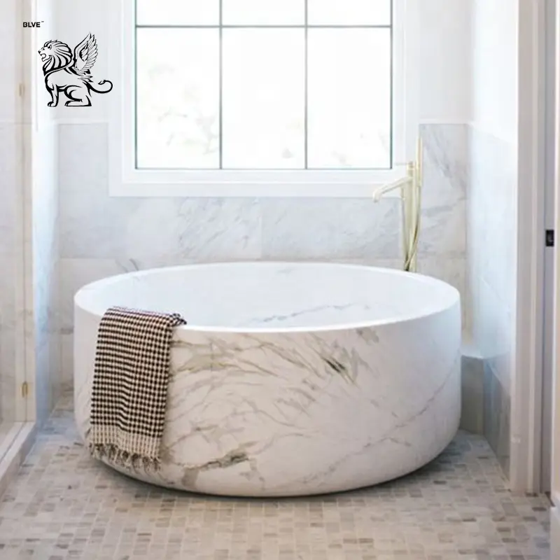 BLVE Home Decor vasche da bagno vasca da bagno rotonda in pietra naturale FreeStanding vasca da bagno in marmo di Carrara MBBG-23