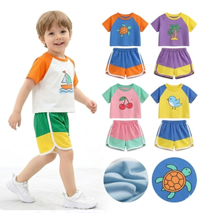 Ensembles de vêtements d'été haut de gamme pour enfants, tenues en coton à manches courtes ou sans manches, col rond, pour tout-petits garçons, motifs color block variés - Product Image 1