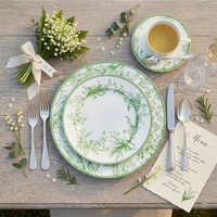 Service de table vintage en porcelaine fine motif muguet vert, assiette de présentation florale en céramique, tasse à café et bol en porcelaine pour mariage