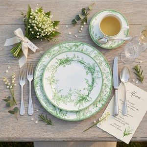 Juego de Vajilla de Porcelana China Vintage con Lirios del Valle Verdes, Plato Decorativo Floral de Cerámica, Taza de Café y Tazón para Bodas - Product Image 3