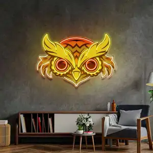 Personalização Impressão UV Ideias de logotipo coruja marrom LED luz de néon pop art para decoração de parede