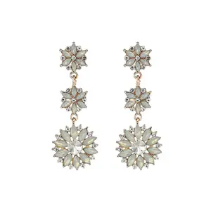 Luxury Gold Plated Dangled Drop Ear Decoration Inlay Clear Crystal And Nice Cutting Opal Stone Flower Shape Earrings