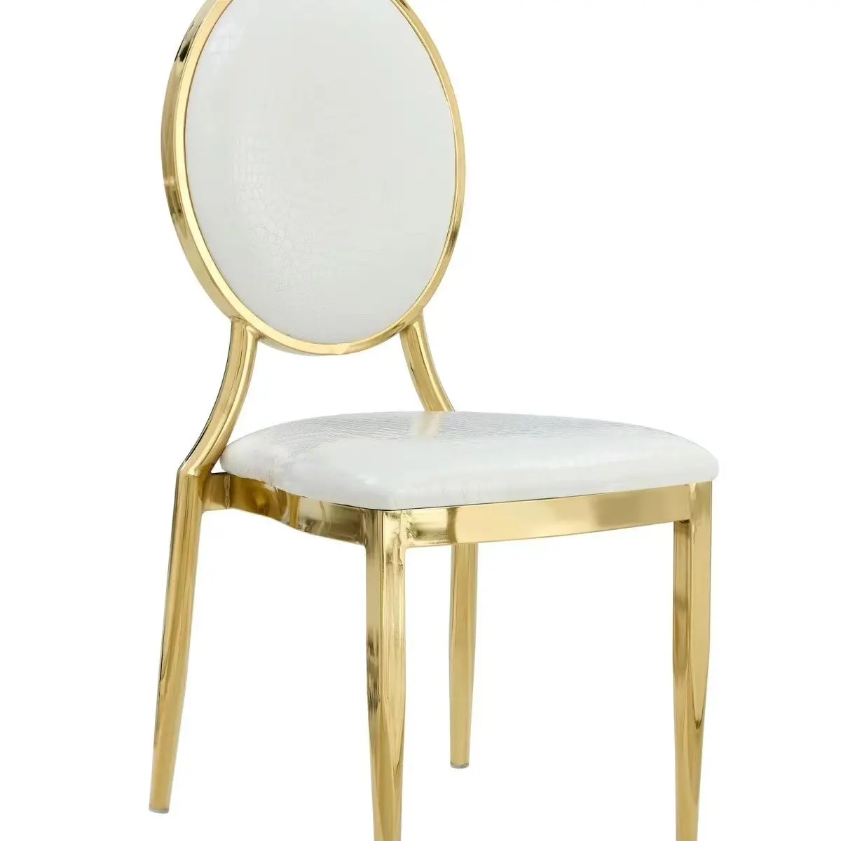 Cojín de cuero de diseño elegante, marco dorado, silla de comedor de banquete de boda de acero inoxidable