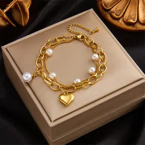 fashion oval link heart shaped bracelet in stainless steel pearl love heart charm bracelet