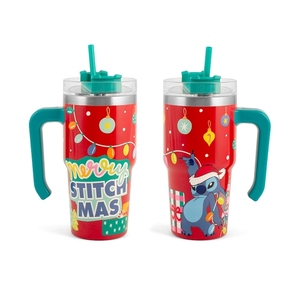 Bicchiere in acciaio inossidabile Stitch Christmas da 0,6 L con manico e cannuccia - Product Image 1
