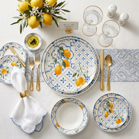 Service de vaisselle créatif en céramique motif citron et floral, en porcelaine bleue et blanche, pour mariages, événements, fêtes, maison et cuisine
