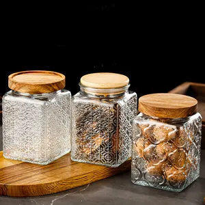 Hot sales food container lead free glass storage jar with airtight nature bamboo lid Kitchenware for Pantry Coffee Tea Sugar