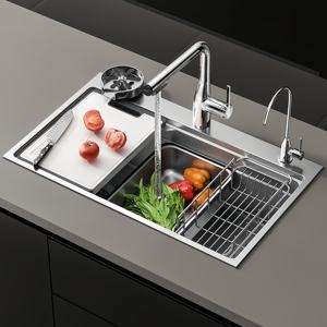 Évier de cuisine multifonctionnel en acier inoxydable 304 avec bac à légumes, évier à vaisselle à cuve unique et robinet extractible - Product Image 1