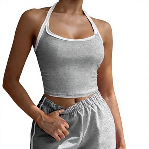 Women White Striped O-Neck Halter Sleeveless Knitted Sporty Crop Top Shorts Set Breathable Regular Fit Spring Summer Wear - Product Image 5