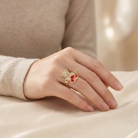 Bague en laiton plaqué or 14 carats avec ours mignon, cœur en émail rouge, étanche, zircon animalier, pour femmes et filles, cadeau, vente en gros