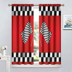 Rideaux pour enfants à thème voitures de course et véhicules de construction pour chambre de garçons, avec drapeaux de course rouges, lot de 2 panneaux - Product Image 3
