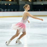 Robe de patinage et de danse pour enfants et adultes, dégradé rose et blanc, maille nude, manches longues, strass, jupe superposée, pour compétition et spectacle de patinage sur glace