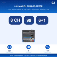 HK-GI2008 Mixeur 8 canaux 99 effets DSP Alimentation fantôme 48V Égaliseur 3 bandes Écran rétroéclairé BT5.0 USB pour scène sonorisation en direct conférence bar hôtel