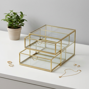 Modern Luxury Brass Glass <b>Storage</b> Organizer <b>Box</b> Two <b>Drawers</b> for Jewelry Mini Accessories Living Room Use Multifunctional Design - Product Image 1