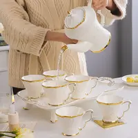 Лидер продаж, роскошный набор для послеобеденного чая, керамическая чашка с белым золотым ободком для ресторана, наборы для кофе и чая с тиснением и подносом