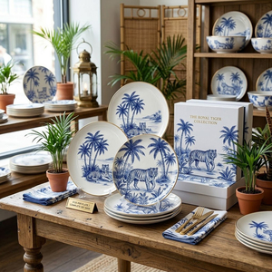 Juego de Vajilla de Cerámica Personalizado al por Mayor, Plato de Porcelana con Diseño de Tigre, Borde Dorado de Lujo, Juego de Vajilla de Porcelana China Blanca y Azul con Diseño de Selva - Product Image 6