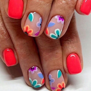 Uñas Postizas Cortas Rojas con Forma de Elipse, Hechas a Mano, Estilo INS, con Diseño Floral para los Dedos - Product Image 5