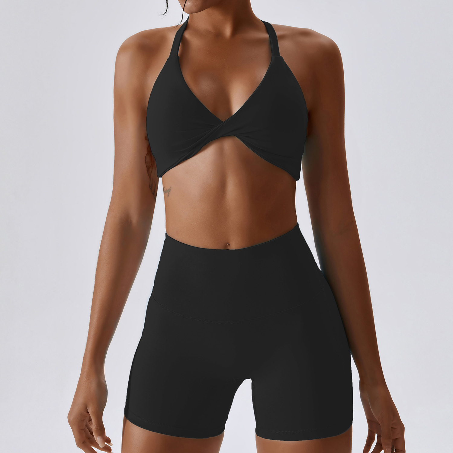 2023 Women Fitness Sports Bra and Shorts Active Wear Sets Front Twist Womens Sports Bra 2pcs Shorts Para Mujer Set for Gym · image 4