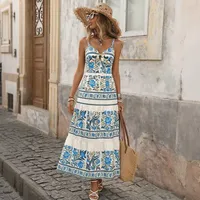 Robe longue à volants à imprimé floral pour femme, sans manches, style vacances, disponible en bleu, vente en gros avec faible MOQ