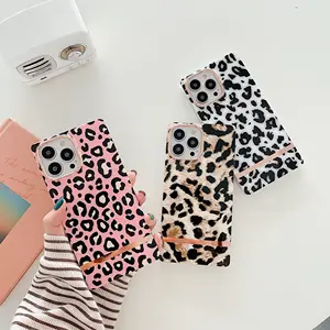 2021 New Arrival Cheetah Leopard Square Phone Cover with Rose Gold Bar for iPhone 13 Pro Max 12 11 Cases