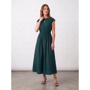 <b>Women</b> Teal Blue Cotton <b>Linen</b> Cap Sleeve Plain Midi <b>Dress</b> Elastic Waist A Line O-neck Casual Summer Maxi <b>Dress</b> - Product Image 1