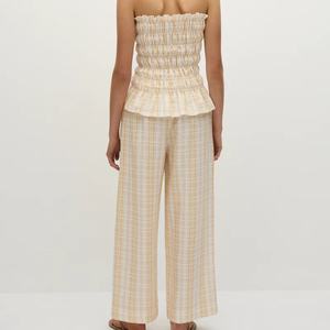 Conjunto de dos piezas de lino y algodón para mujer, estilo informal, Primavera Verano, patrón sólido, pantalones de pierna ancha, <span class=keywords><strong>Top</strong></span> <span class=keywords><strong>fruncido</strong></span> sin tirantes - Product Image 3