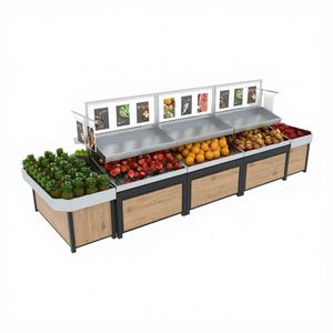 Exhibidor de Frutas y Verduras de Madera de Alta Luminosidad, Góndola Multicapa con Soportes para Carteles para Supermercado - Product Image 3