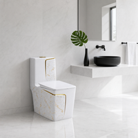 WC monobloc en céramique à motif marbre blanc, carré, avec ligne dorée et double chasse d'eau à siphon pour salle de bain moderne