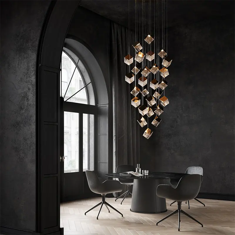 Nordic Style Cube Square Sliver Living Room Hanging Pendant Elegant Engineer Commercial Chandelier