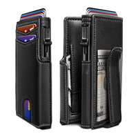 Dompet Kartu Kulit Asli Vintage Pria dengan RFID Blocking, Tempat Kartu Kredit Logam Otomatis Minimalis Tipis