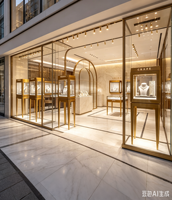 Service de design d'intérieur pour boutique de bijoux de luxe haut de gamme, showroom en marbre et onyx avec vitrine en verre