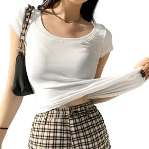 Top cropped elástico de algodão para mulheres, top básico sexy manga curta para mulheres