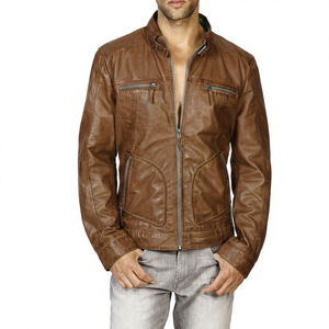 Custom Men's KLJM6 High Quality Sheep Skin Leather 100% Cotton Jacket <b>Mint</b> Color Waxed Edges Canvas Stand Collar Windproof - Product Image 2