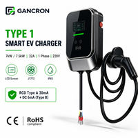 Chargeur de voiture électrique 7kW 7.5kW Type 1, prise 32A monophasée 220V, écran LCD, J1772, chargeur mural Type 1 pour la recharge de voitures à domicile