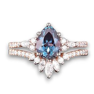 Bague de Fiançailles Classique en Alexandrite Taille Poire, Or Rose, Argent 925, Sertissage à Griffes, Certifiée, Ensemble Nuptial, Anniversaire - Product Image 1