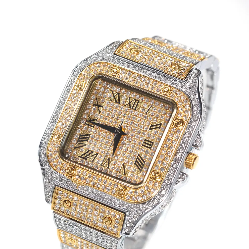 Orologi da uomo Hip-hop in acciaio inossidabile pieno di strass diamante quadrante quadrato scala romana quarzo 2021 nuovo vetro moda giappone 35mm