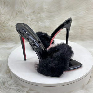 Mules de charol negro con punta en pico y decoración de piel, zapatos de tacón sin cordones para mujer, invierno - Product Image 5