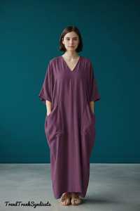 Yellow Linen <b>Kaftan</b> Dress Women Oversized Long <b>Maxi</b> V-neck A-Line Eco-Friendly Belt 3/4 Sleeve Regular Boho Resort Wear B2B - Product Image 3