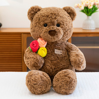 Ours en peluche brun doux, jouet en peluche, tenant un bouquet de roses artificielles, cadeau romantique pour un anniversaire, un mariage