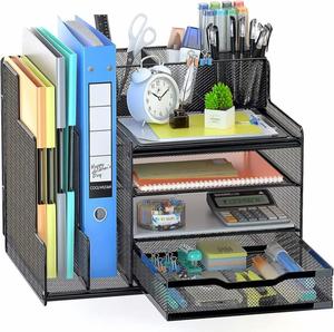 Office Desk Organizer with Upright <b>File</b> Holder 4 Tier Mesh Letter Paper Tray Organizer with Pen Holder Office Supplies - Product Image 2