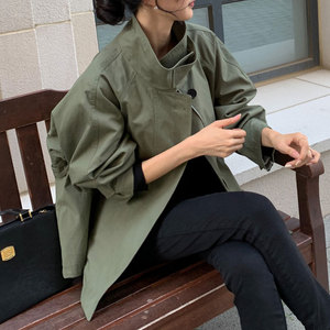 2025 stile coreano Chic autunno retrò stile britannico con collo alto stile ampio <span class=keywords><strong>Trench</strong></span> corto a maniche lunghe - Product Image 2