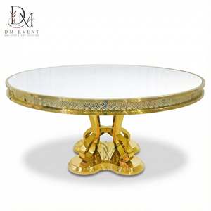 Table de banquet ronde pour hôtel, en acier inoxydable doré, avec base ornée et plateau en verre trempé miroir, vente en gros - Product Image 3