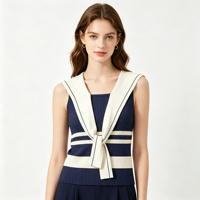 Nouveau Gilet Pull Tricoté Rayé Bleu Marine pour Femme, Col Marin, Détail Nœud, Sans Manches, Bloc de Couleurs, Rayures Blanches, Haut Tricoté Côtelé