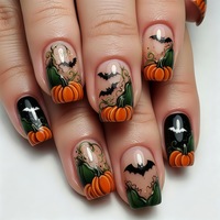 Offre Spéciale – Faux Ongles à Coller Noirs Mats pour Halloween, Forme Cercueil Moyenne, Motif Citrouille Orange et Fantôme, Finition Velours, 24 Pièces