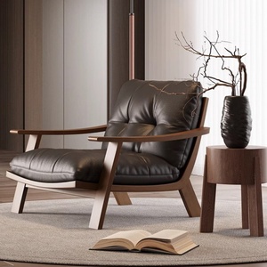 ठोस लकड़ी चमड़े वाली वेबी-साबी शैली एकल सोफे कुर्सी विंटेज मेलर्ड डिजाइन लिविंग रूम चेज़ के लिए आर्मचेयर रिक्लियर - Product Image 4